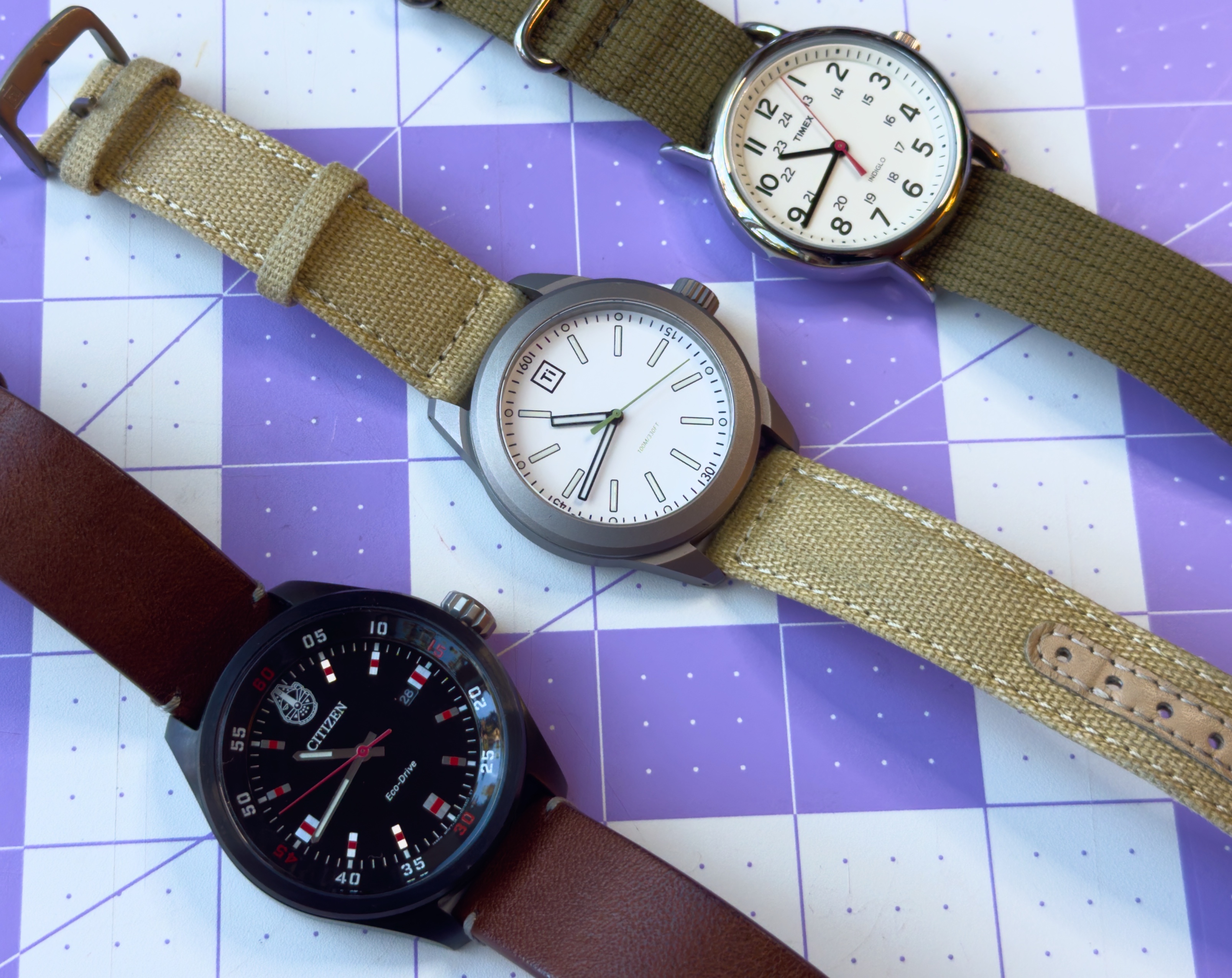 Top: Timex Weekender quartz Middle: Ti Base Line Field Watch Botton: Citizen Star Wars Chewbacca edition Eco Drive (Solar powered quartz)